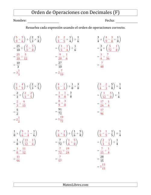 La hoja de ejercicios de Orden de Operaciones con Fracciones Positivas sin Exponentes (Tres Pasos) (F) Página 2