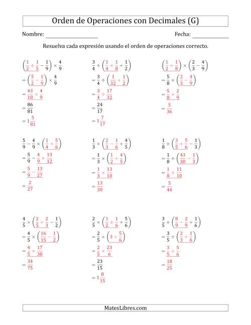 La hoja de ejercicios de Orden de Operaciones con Fracciones Positivas sin Exponentes (Tres Pasos) (G) Página 2