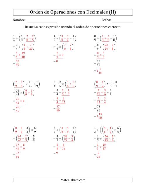 La hoja de ejercicios de Orden de Operaciones con Fracciones Positivas sin Exponentes (Tres Pasos) (H) Página 2