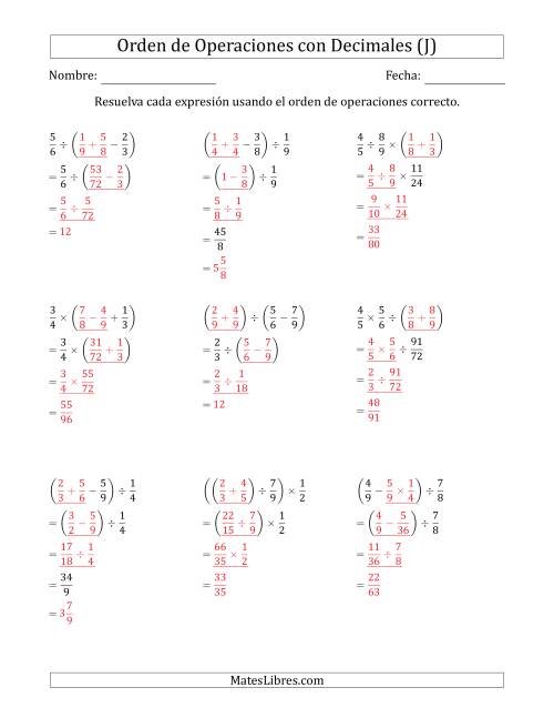 La hoja de ejercicios de Orden de Operaciones con Fracciones Positivas sin Exponentes (Tres Pasos) (J) Página 2