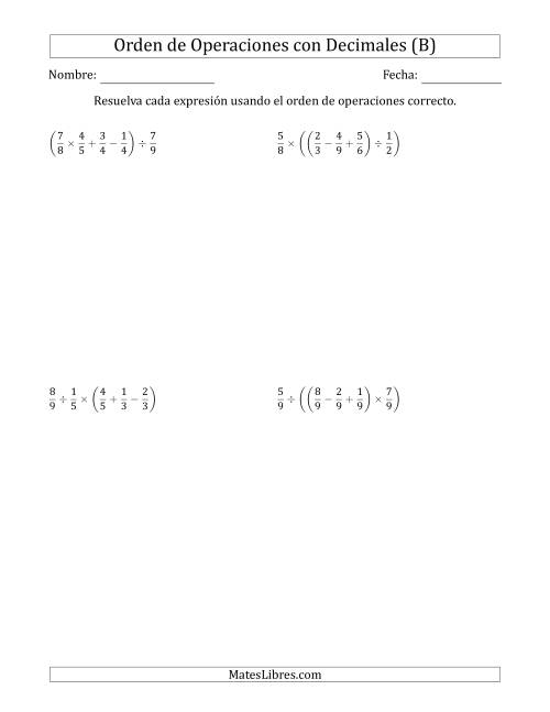 La hoja de ejercicios de Orden de Operaciones con Fracciones Positivas sin Exponentes (Cuatro Pasos) (B)