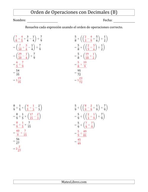La hoja de ejercicios de Orden de Operaciones con Fracciones Positivas sin Exponentes (Cuatro Pasos) (B) Página 2