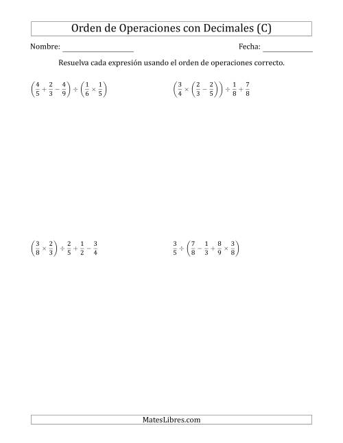 La hoja de ejercicios de Orden de Operaciones con Fracciones Positivas sin Exponentes (Cuatro Pasos) (C)