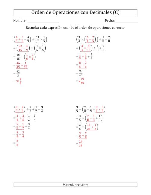 La hoja de ejercicios de Orden de Operaciones con Fracciones Positivas sin Exponentes (Cuatro Pasos) (C) Página 2