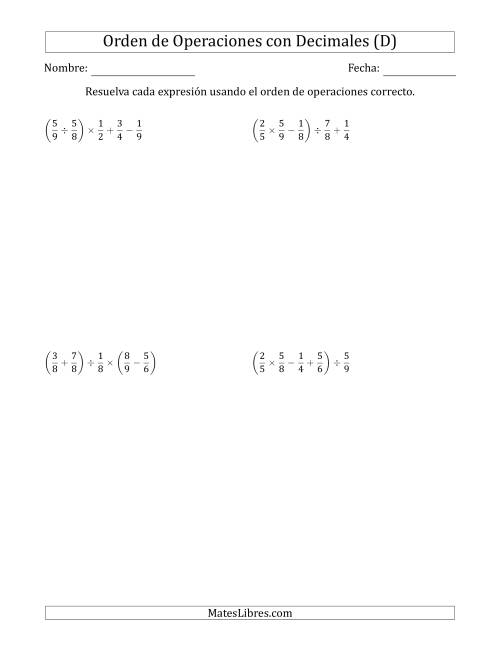 La hoja de ejercicios de Orden de Operaciones con Fracciones Positivas sin Exponentes (Cuatro Pasos) (D)