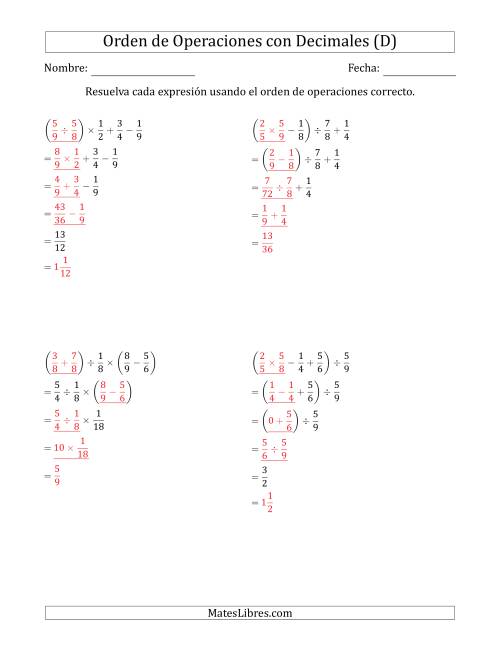 La hoja de ejercicios de Orden de Operaciones con Fracciones Positivas sin Exponentes (Cuatro Pasos) (D) Página 2