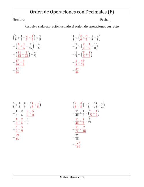 La hoja de ejercicios de Orden de Operaciones con Fracciones Positivas sin Exponentes (Cuatro Pasos) (F) Página 2