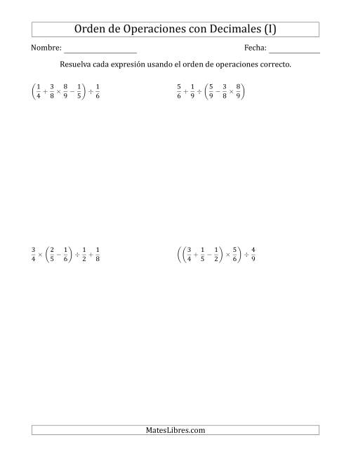 La hoja de ejercicios de Orden de Operaciones con Fracciones Positivas sin Exponentes (Cuatro Pasos) (I)