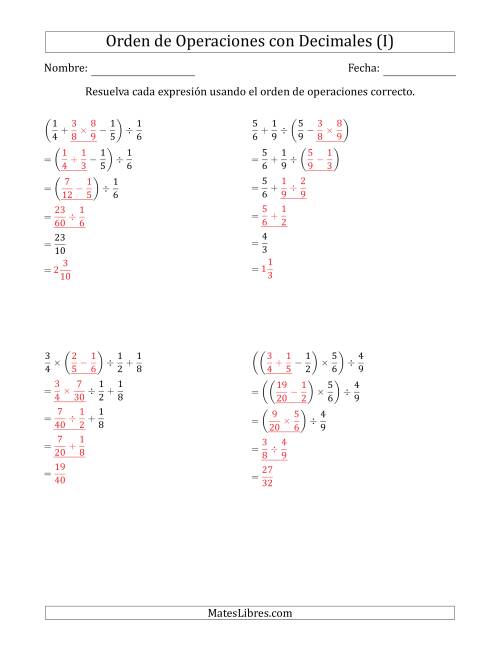 La hoja de ejercicios de Orden de Operaciones con Fracciones Positivas sin Exponentes (Cuatro Pasos) (I) Página 2