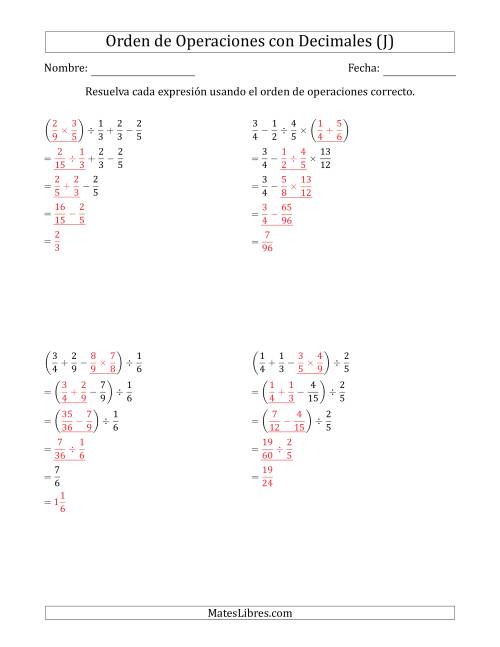La hoja de ejercicios de Orden de Operaciones con Fracciones Positivas sin Exponentes (Cuatro Pasos) (J) Página 2