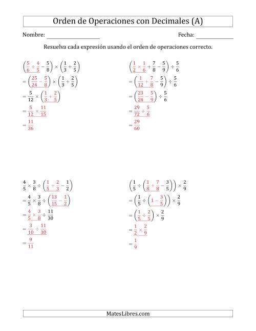 La hoja de ejercicios de Orden de Operaciones con Fracciones Positivas sin Exponentes (Cuatro Pasos) (Todas) Página 2