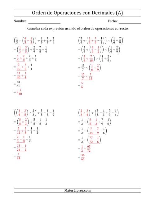 La hoja de ejercicios de Orden de Operaciones con Fracciones Positivas sin Exponentes (Cinco Pasos) (A) Página 2