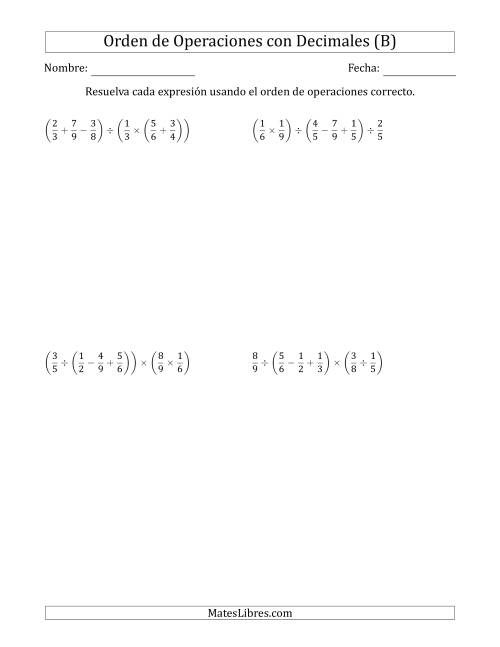 La hoja de ejercicios de Orden de Operaciones con Fracciones Positivas sin Exponentes (Cinco Pasos) (B)