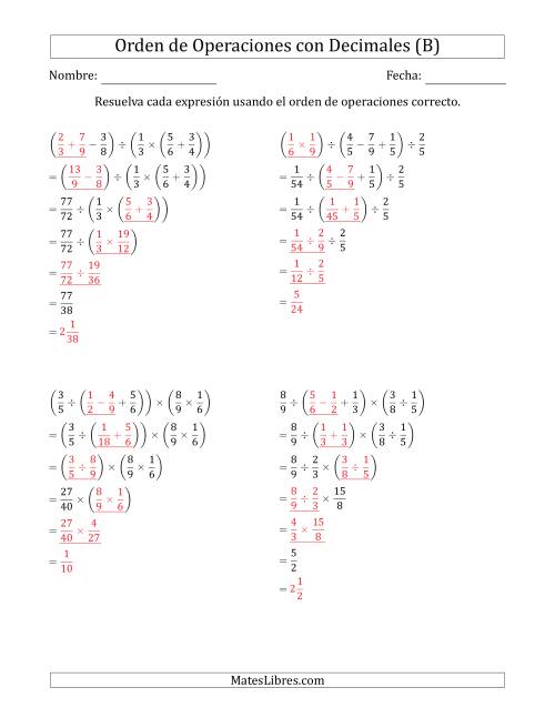 La hoja de ejercicios de Orden de Operaciones con Fracciones Positivas sin Exponentes (Cinco Pasos) (B) Página 2