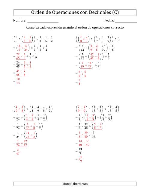 La hoja de ejercicios de Orden de Operaciones con Fracciones Positivas sin Exponentes (Cinco Pasos) (C) Página 2
