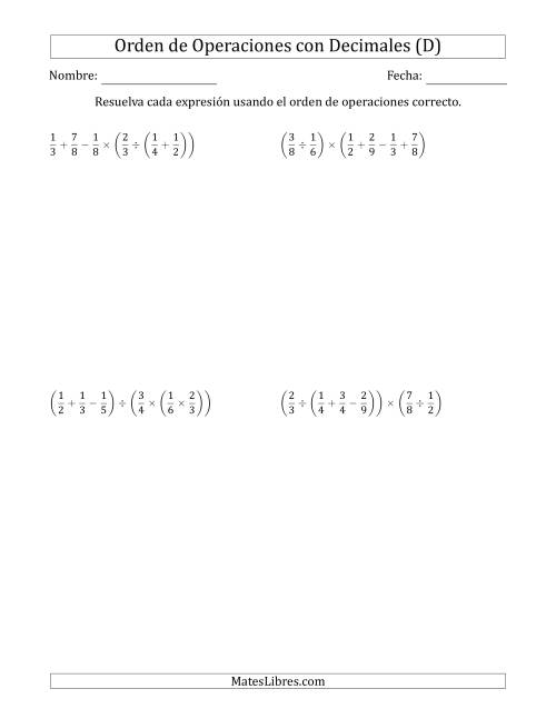 La hoja de ejercicios de Orden de Operaciones con Fracciones Positivas sin Exponentes (Cinco Pasos) (D)