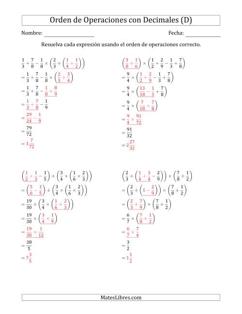La hoja de ejercicios de Orden de Operaciones con Fracciones Positivas sin Exponentes (Cinco Pasos) (D) Página 2