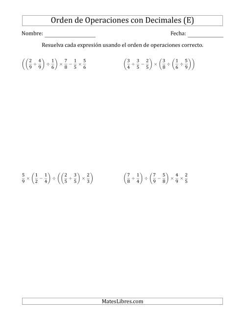 La hoja de ejercicios de Orden de Operaciones con Fracciones Positivas sin Exponentes (Cinco Pasos) (E)