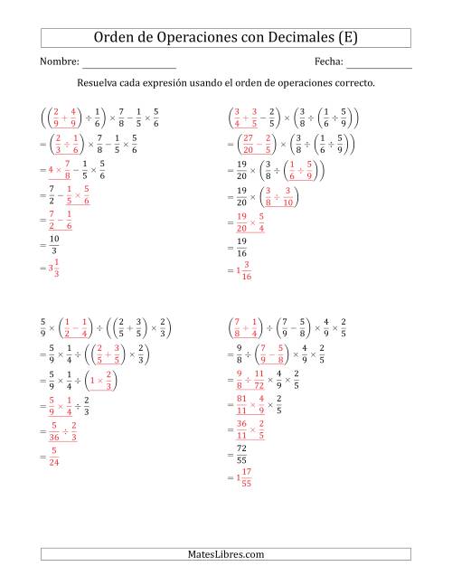 La hoja de ejercicios de Orden de Operaciones con Fracciones Positivas sin Exponentes (Cinco Pasos) (E) Página 2