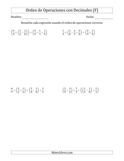 La hoja de ejercicios de Orden de Operaciones con Fracciones Positivas sin Exponentes (Cinco Pasos) (F)