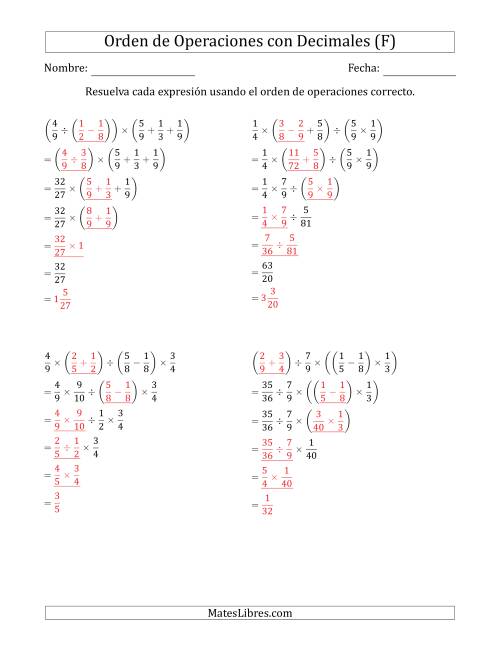 La hoja de ejercicios de Orden de Operaciones con Fracciones Positivas sin Exponentes (Cinco Pasos) (F) Página 2