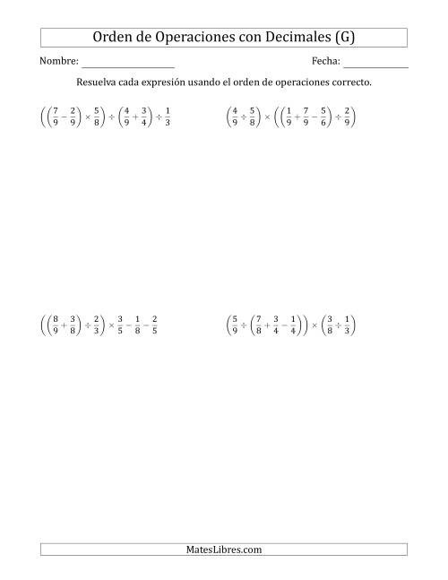 La hoja de ejercicios de Orden de Operaciones con Fracciones Positivas sin Exponentes (Cinco Pasos) (G)