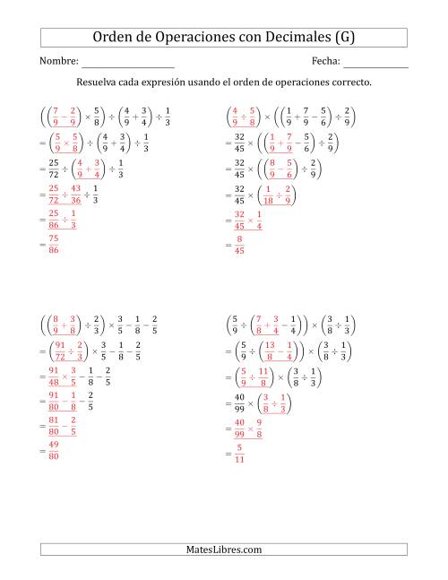 La hoja de ejercicios de Orden de Operaciones con Fracciones Positivas sin Exponentes (Cinco Pasos) (G) Página 2