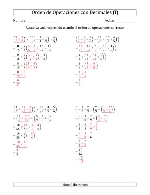 La hoja de ejercicios de Orden de Operaciones con Fracciones Positivas sin Exponentes (Cinco Pasos) (I) Página 2