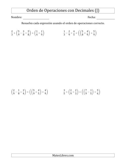 La hoja de ejercicios de Orden de Operaciones con Fracciones Positivas sin Exponentes (Cinco Pasos) (J)