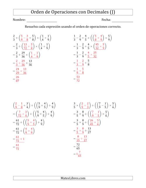 La hoja de ejercicios de Orden de Operaciones con Fracciones Positivas sin Exponentes (Cinco Pasos) (J) Página 2