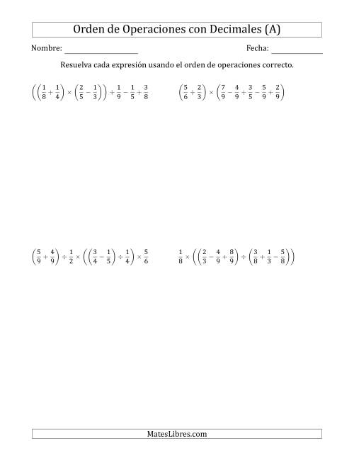 La hoja de ejercicios de Orden de Operaciones con Fracciones Positivas sin Exponentes (Seis Pasos) (A)
