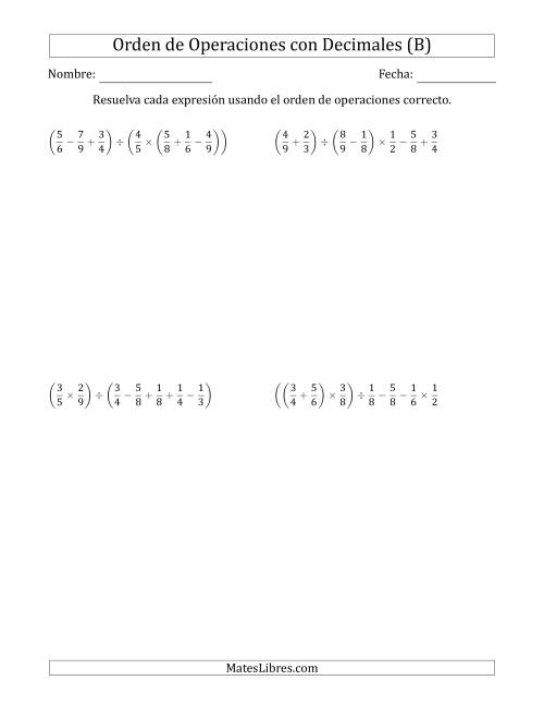 La hoja de ejercicios de Orden de Operaciones con Fracciones Positivas sin Exponentes (Seis Pasos) (B)