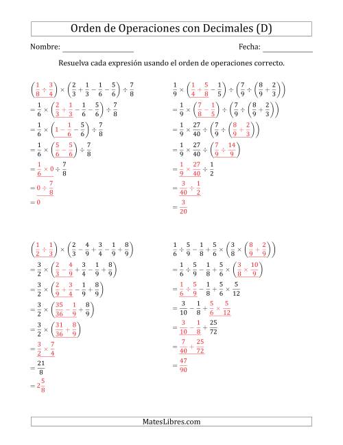 La hoja de ejercicios de Orden de Operaciones con Fracciones Positivas sin Exponentes (Seis Pasos) (D) Página 2