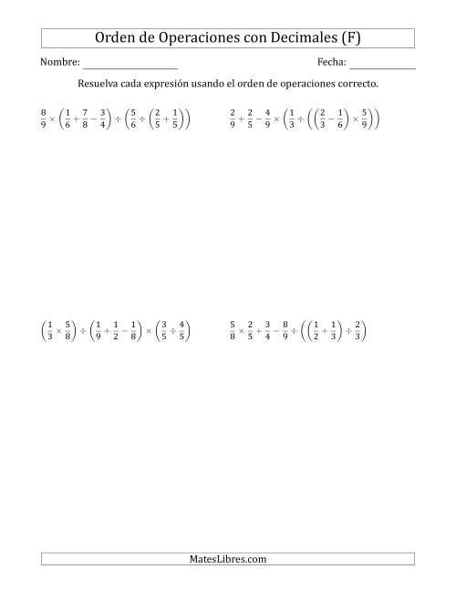 La hoja de ejercicios de Orden de Operaciones con Fracciones Positivas sin Exponentes (Seis Pasos) (F)
