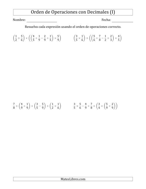 La hoja de ejercicios de Orden de Operaciones con Fracciones Positivas sin Exponentes (Seis Pasos) (I)