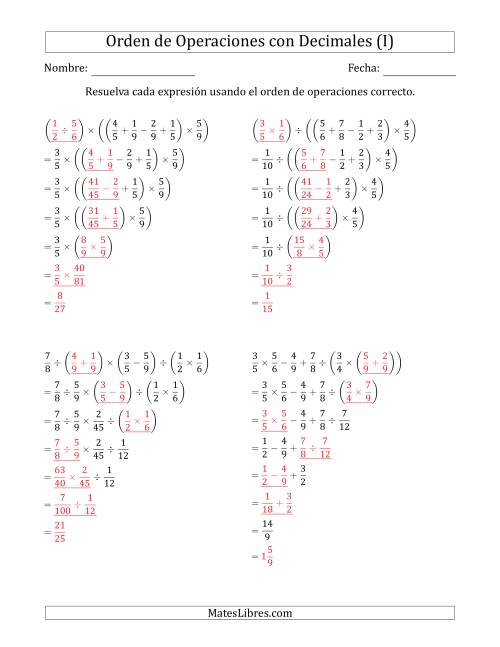 La hoja de ejercicios de Orden de Operaciones con Fracciones Positivas sin Exponentes (Seis Pasos) (I) Página 2