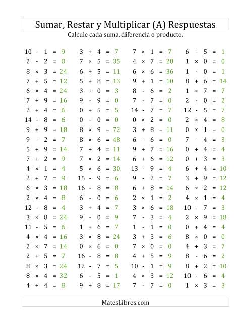 La hoja de ejercicios de 100 Preguntas Horizontales de Suma, Resta y Multiplicación (de 0 a 9) (A) Página 2