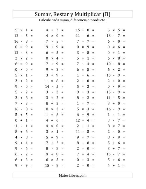 La hoja de ejercicios de 100 Preguntas Horizontales de Suma, Resta y Multiplicación (de 0 a 9) (B)