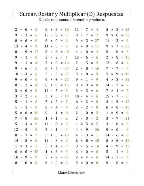 La hoja de ejercicios de 100 Preguntas Horizontales de Suma, Resta y Multiplicación (de 0 a 9) (D) Página 2