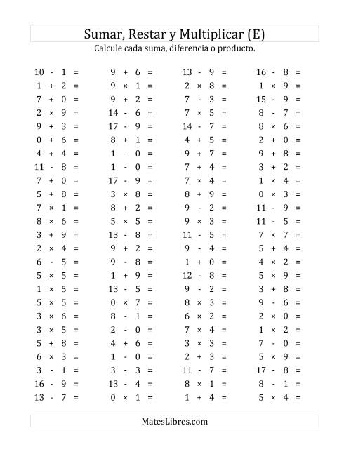 La hoja de ejercicios de 100 Preguntas Horizontales de Suma, Resta y Multiplicación (de 0 a 9) (E)