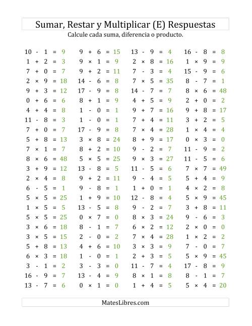 La hoja de ejercicios de 100 Preguntas Horizontales de Suma, Resta y Multiplicación (de 0 a 9) (E) Página 2