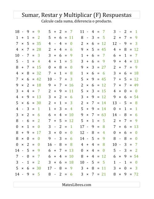 La hoja de ejercicios de 100 Preguntas Horizontales de Suma, Resta y Multiplicación (de 0 a 9) (F) Página 2