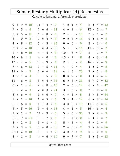 La hoja de ejercicios de 100 Preguntas Horizontales de Suma, Resta y Multiplicación (de 0 a 9) (H) Página 2