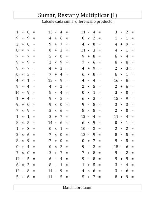 La hoja de ejercicios de 100 Preguntas Horizontales de Suma, Resta y Multiplicación (de 0 a 9) (I)