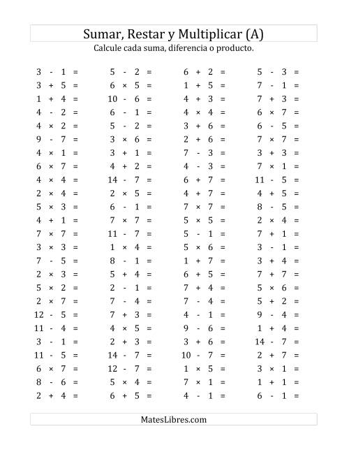 La hoja de ejercicios de 100 Preguntas Horizontales de Suma, Resta y Multiplicación (de 1 a 7) (A)