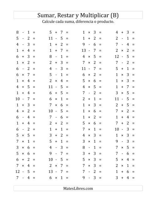 La hoja de ejercicios de 100 Preguntas Horizontales de Suma, Resta y Multiplicación (de 1 a 7) (B)