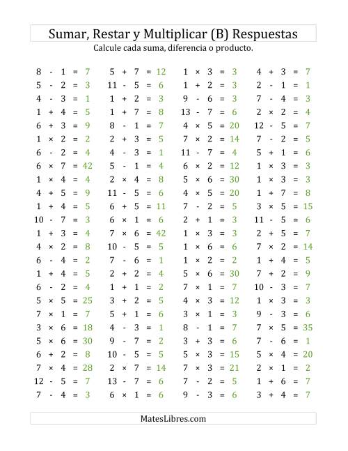 La hoja de ejercicios de 100 Preguntas Horizontales de Suma, Resta y Multiplicación (de 1 a 7) (B) Página 2