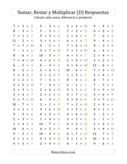 La hoja de ejercicios de 100 Preguntas Horizontales de Suma, Resta y Multiplicación (de 1 a 7) (D) Página 2