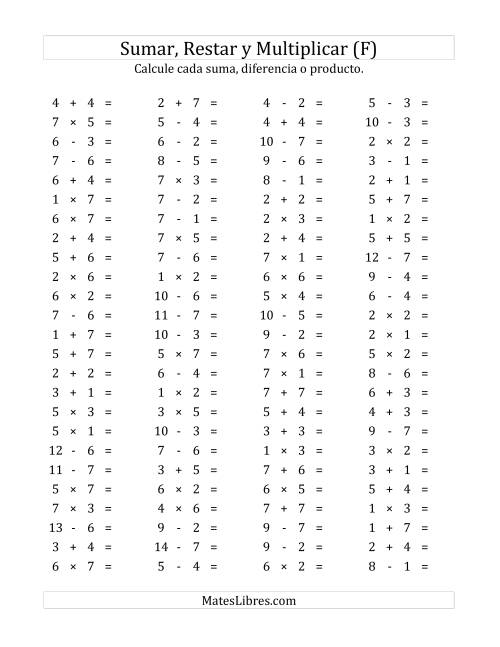 La hoja de ejercicios de 100 Preguntas Horizontales de Suma, Resta y Multiplicación (de 1 a 7) (F)