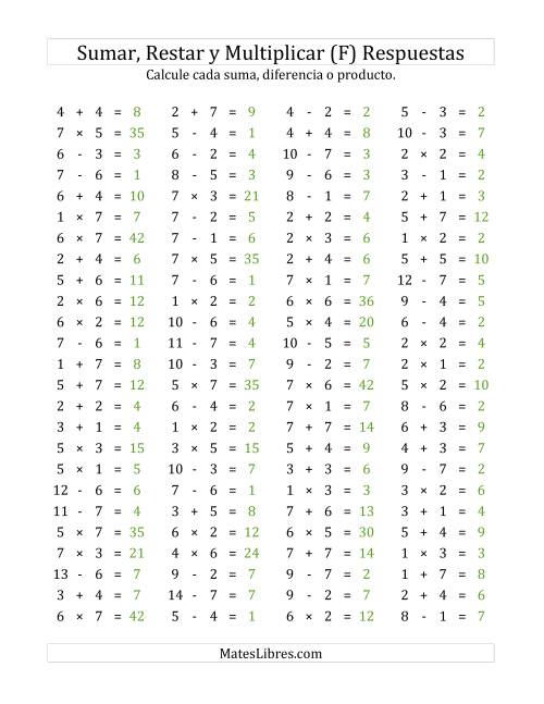 La hoja de ejercicios de 100 Preguntas Horizontales de Suma, Resta y Multiplicación (de 1 a 7) (F) Página 2